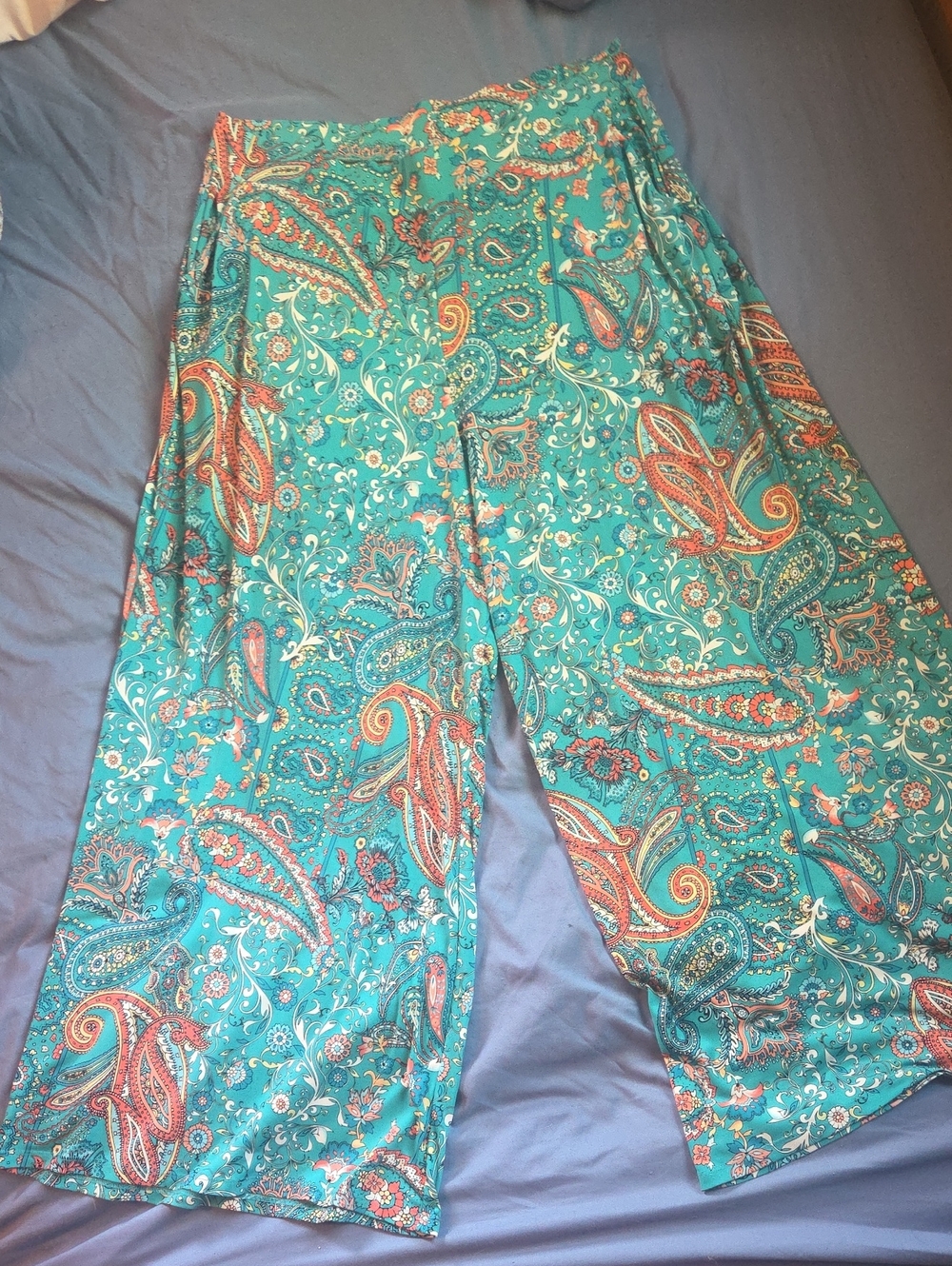 Wide Leg Paisley Print Pants - Teal Size 18/20W